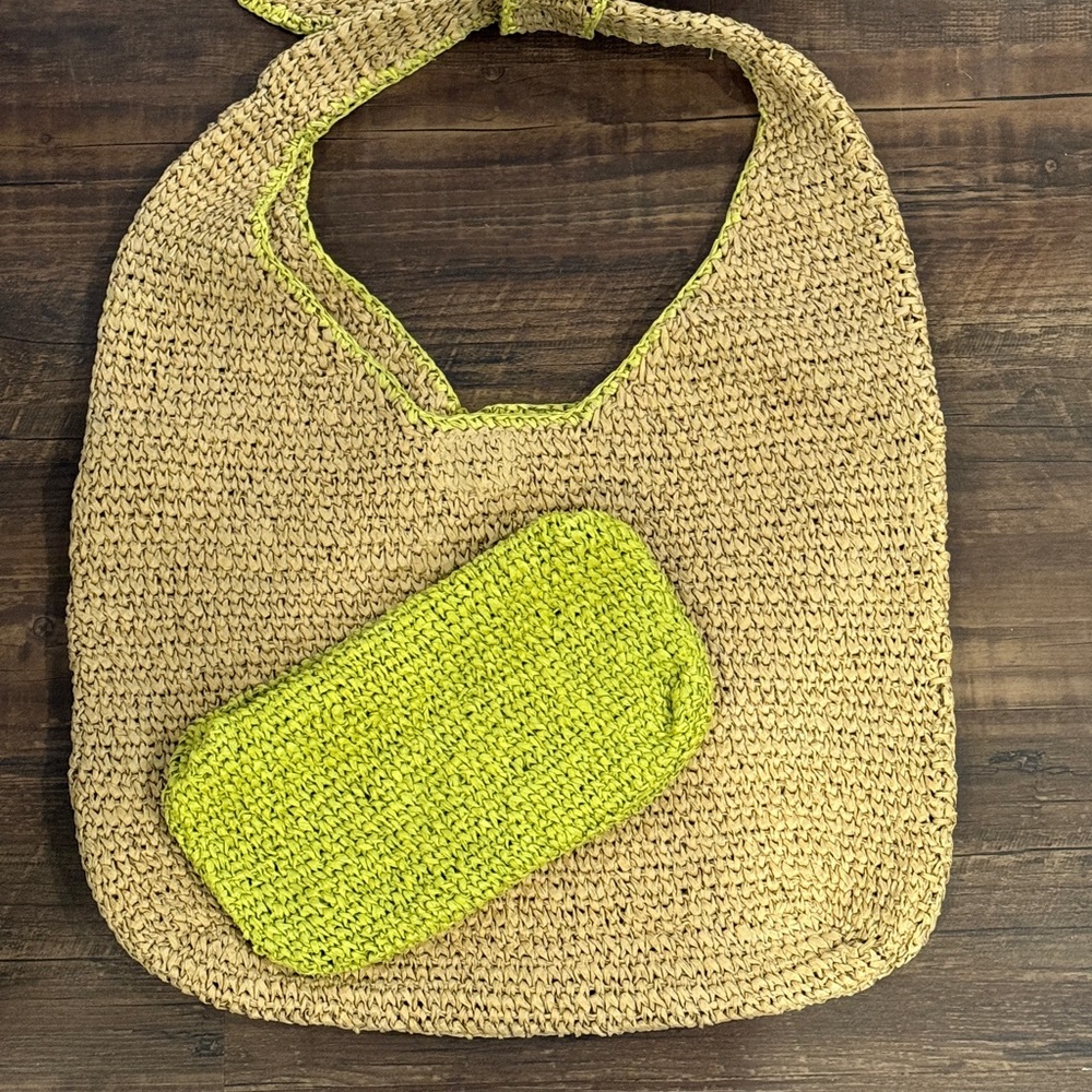 Woven Tan Tote with bright lime green  Pouch
